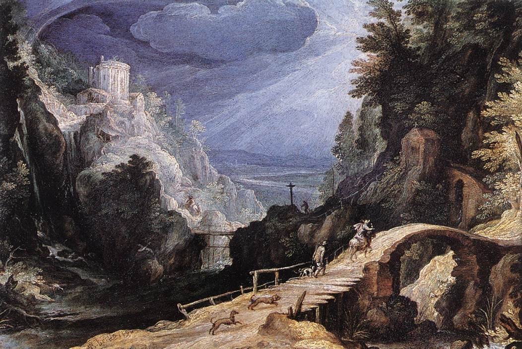 A painted mountain landscape: a rider and a walking figure with two dogs on a track beside a stone bridge, a hilltop temple beyond.
